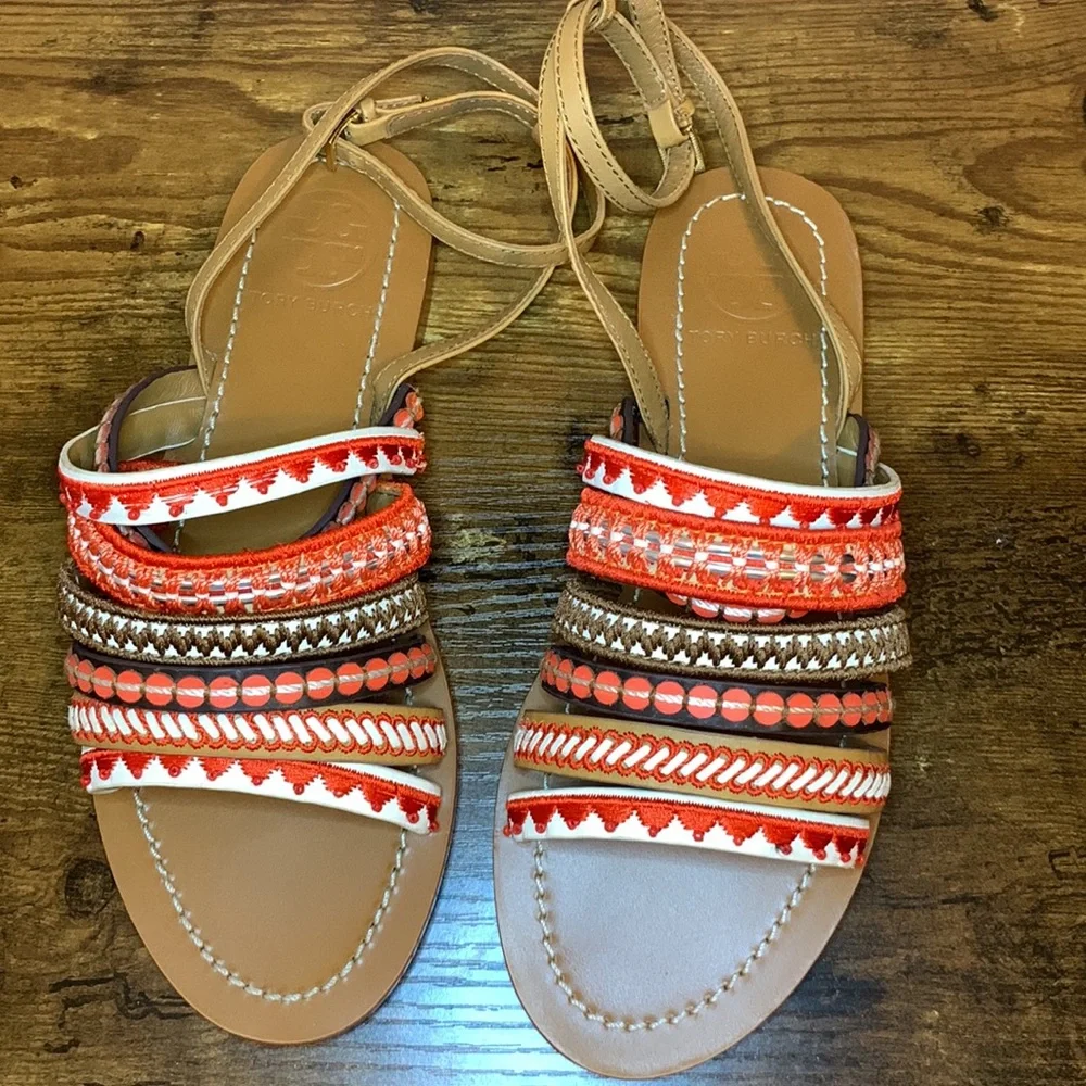 Tory Burch embroidered Poppy red multi sandals 6.5